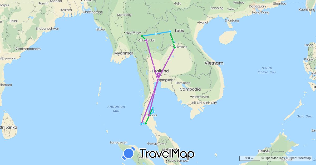 TravelMap itinerary: driving, bus, train, boat in Laos, Thailand (Asia)